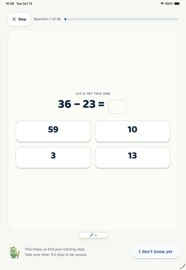 Gakumi placement question on iPad showing a subtraction problem with four answer buttons and a note from Sobo that it is okay to be unsure.