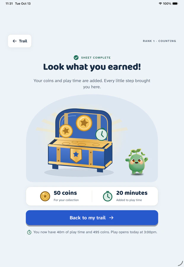 Gakumi reward screen on iPad: an opened treasure chest with Sobo cheering, and a card showing the coins and play minutes just added.
