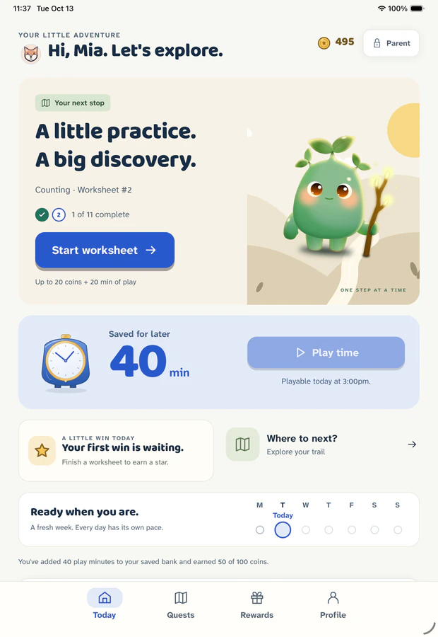 Gakumi Today screen on iPad: a greeting for Mia, the next worksheet with Sobo the green mascot, 40 minutes of saved play time and a Monday-to-Sunday week strip.