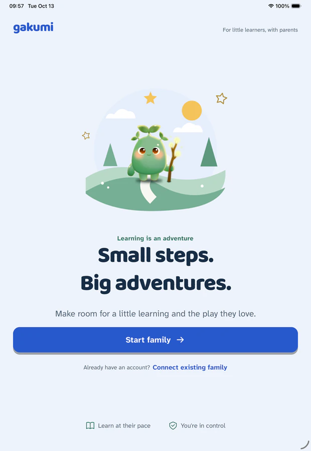 Gakumi welcome screen on iPad with the Sobo mascot in a green landscape, the headline Small steps, Big adventures, and a Start family button.