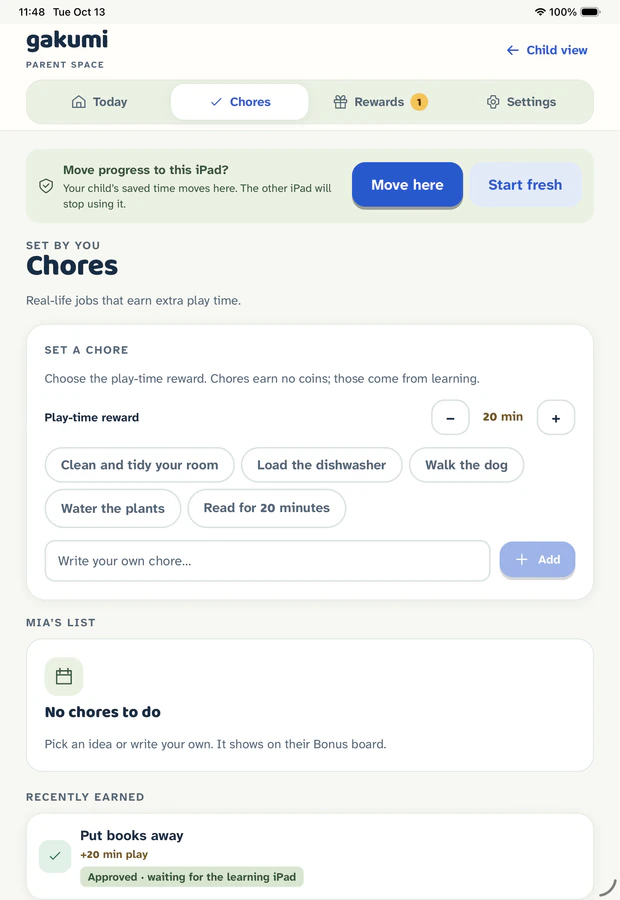 Gakumi Chores tab on iPad with a 20-minute play-time reward stepper, chore ideas such as Water the plants, and an approved Put books away entry.