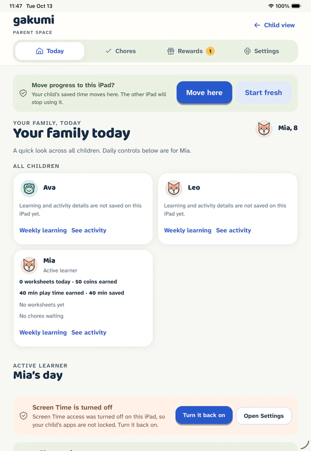 Gakumi parent space on iPad: a Your family today heading and a card for each child with their learning and play time.